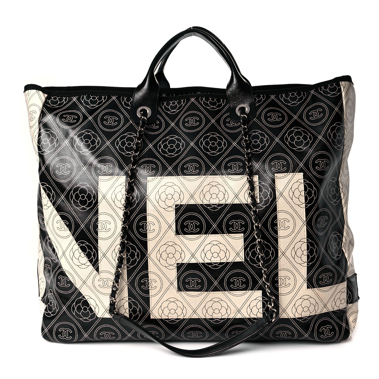 Coated Canvas Camellia Large Shopping Tote Black Beige