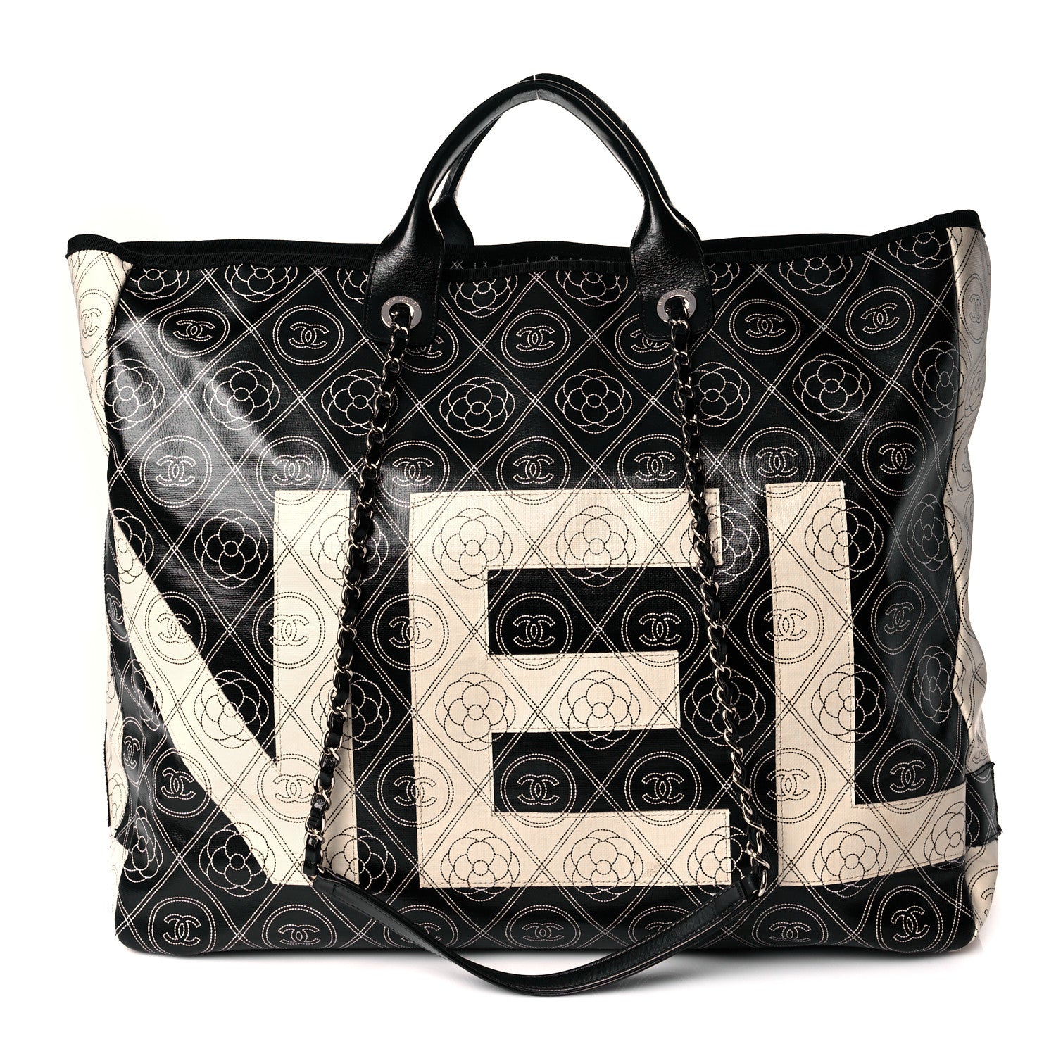 Chanel Coated Canvas Camellia Large Shopping Tote Black Beige 1 of 10