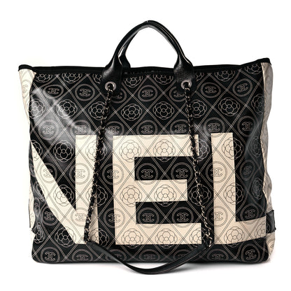 Chanel Coated Canvas Camellia Large Shopping Tote Black Beige 1 of 10