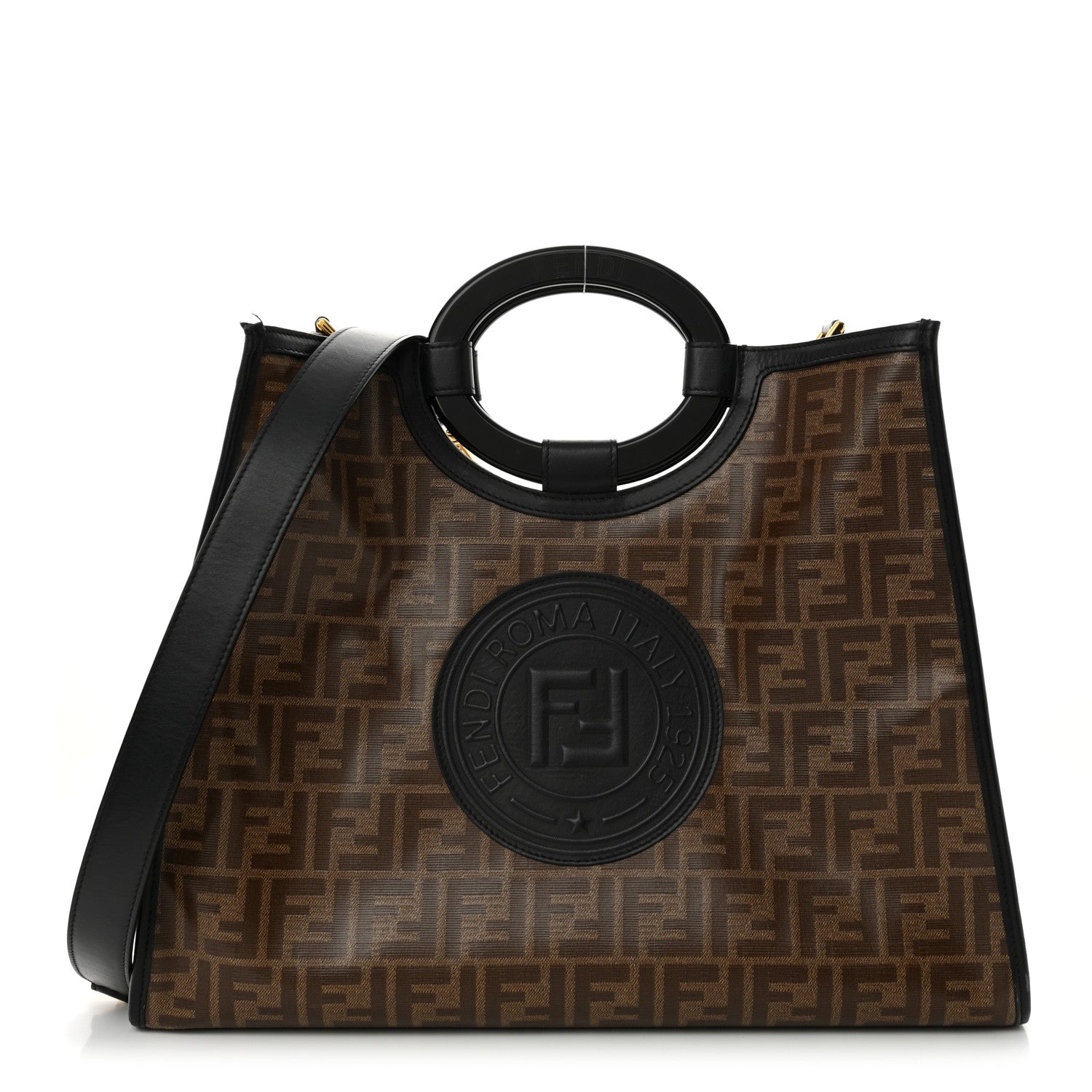 Fendi Glazed Fabric Vitello Century Plexiglass FF 1974 Stamp Patch Medium Runaway Shopper Tote Mogano Panna Black 1 of 15