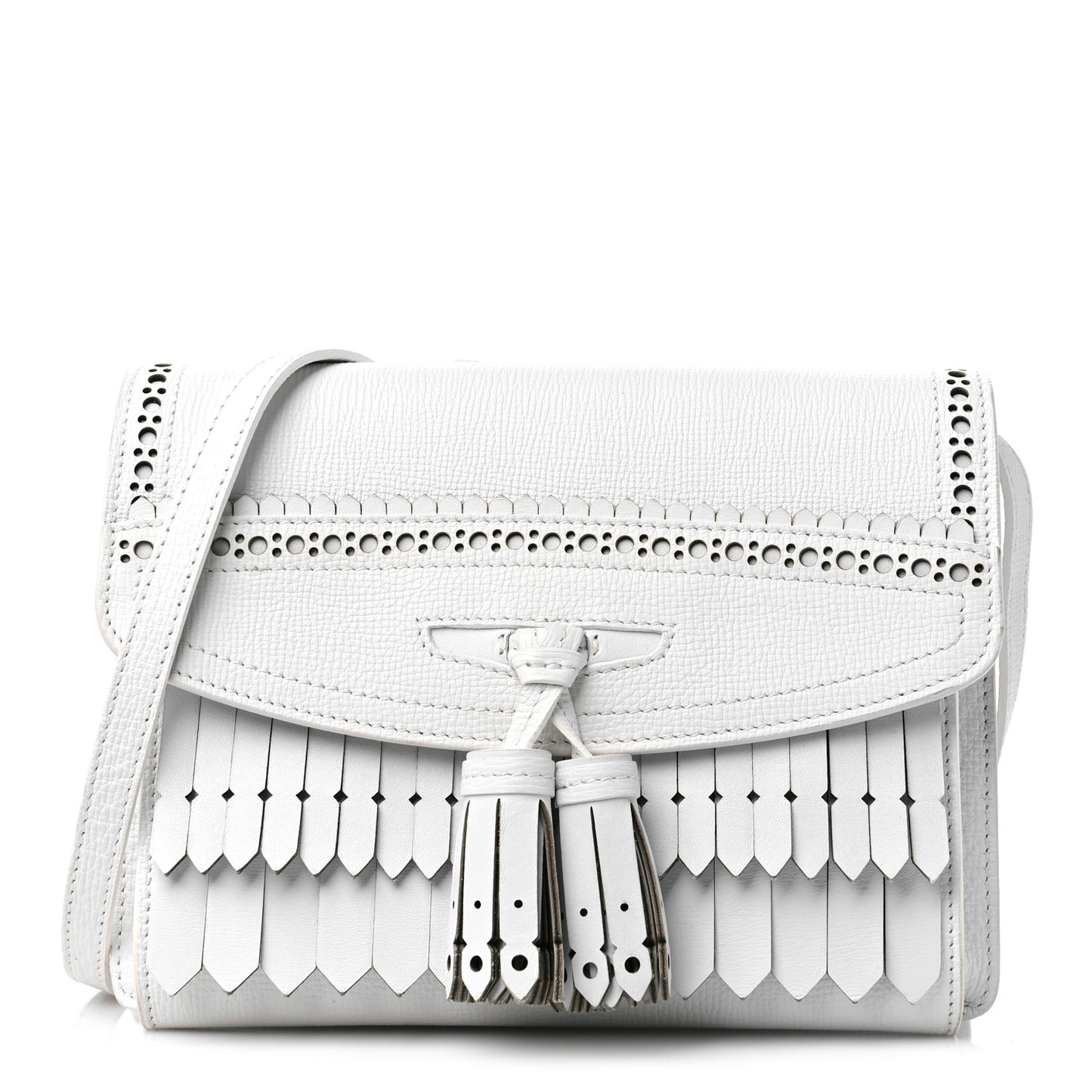 Grainy Calfskin Broguing Tassel Small Macken Crossbody Bag Chalk White