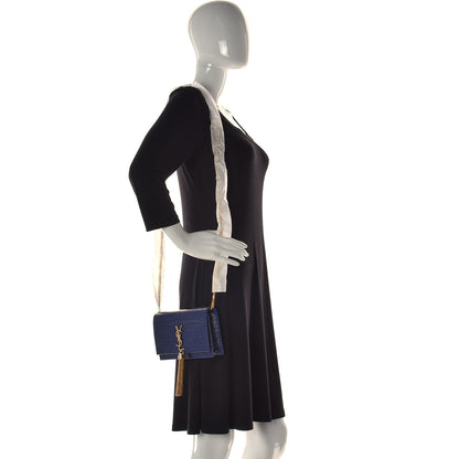 Saint Laurent Calfskin Crocodile Embossed Kate Monogram Tassel Chain Wallet Royal Blue 2 of 12