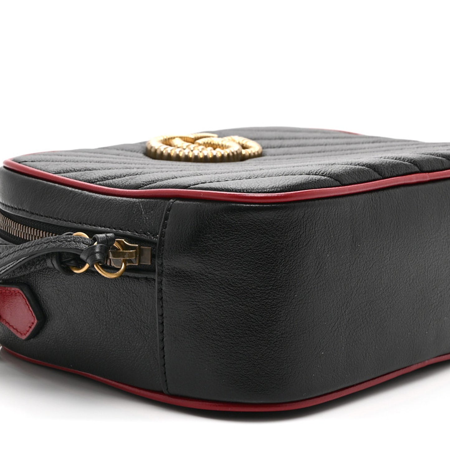 Vintage Effect Calfskin Matelasse Diagonal Small Torchon GG Marmont Bamboo Top Handle Shoulder Bag Black Romantic Cherry