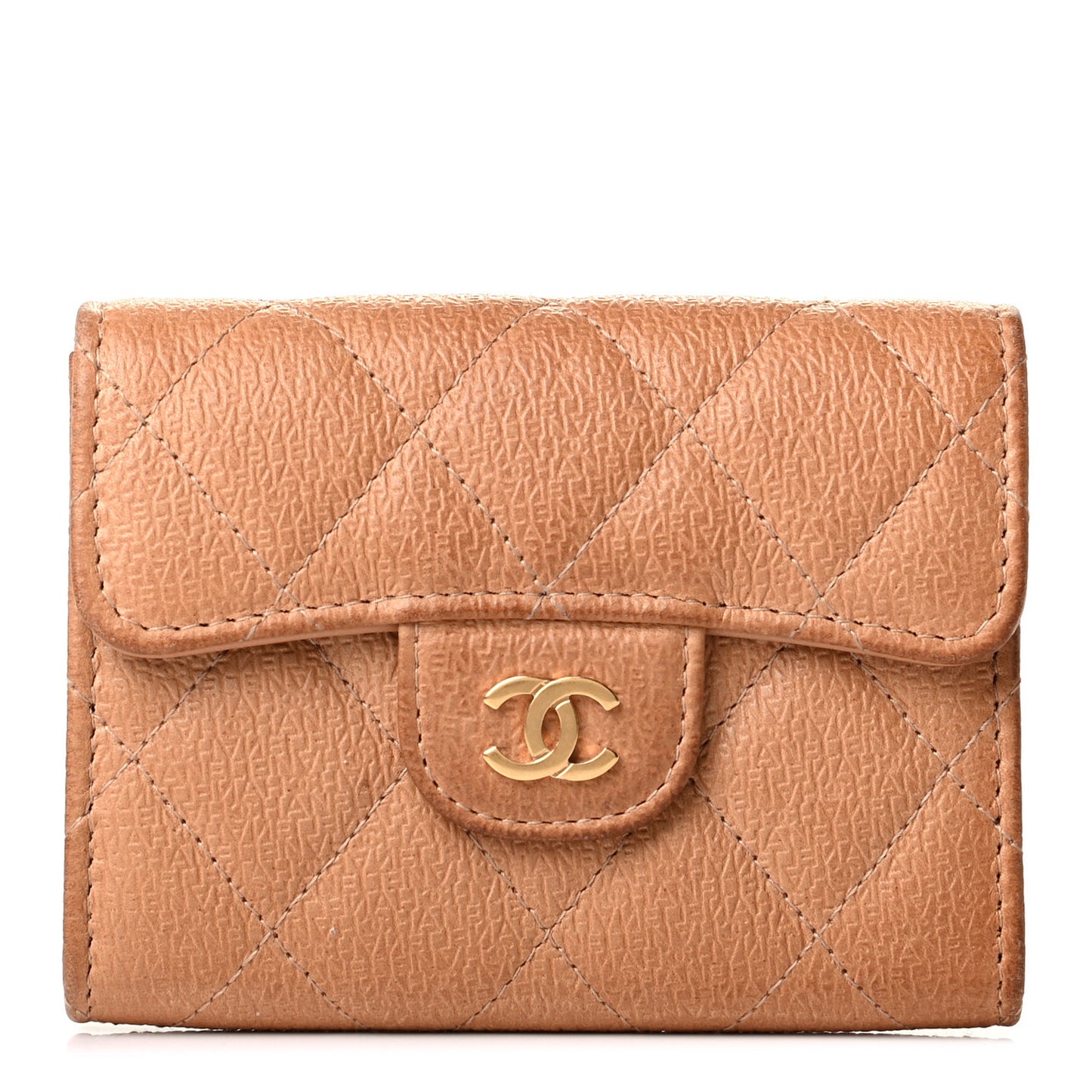 Letter Calfskin Embossed Quilted Flap Card Holder Wallet Beige