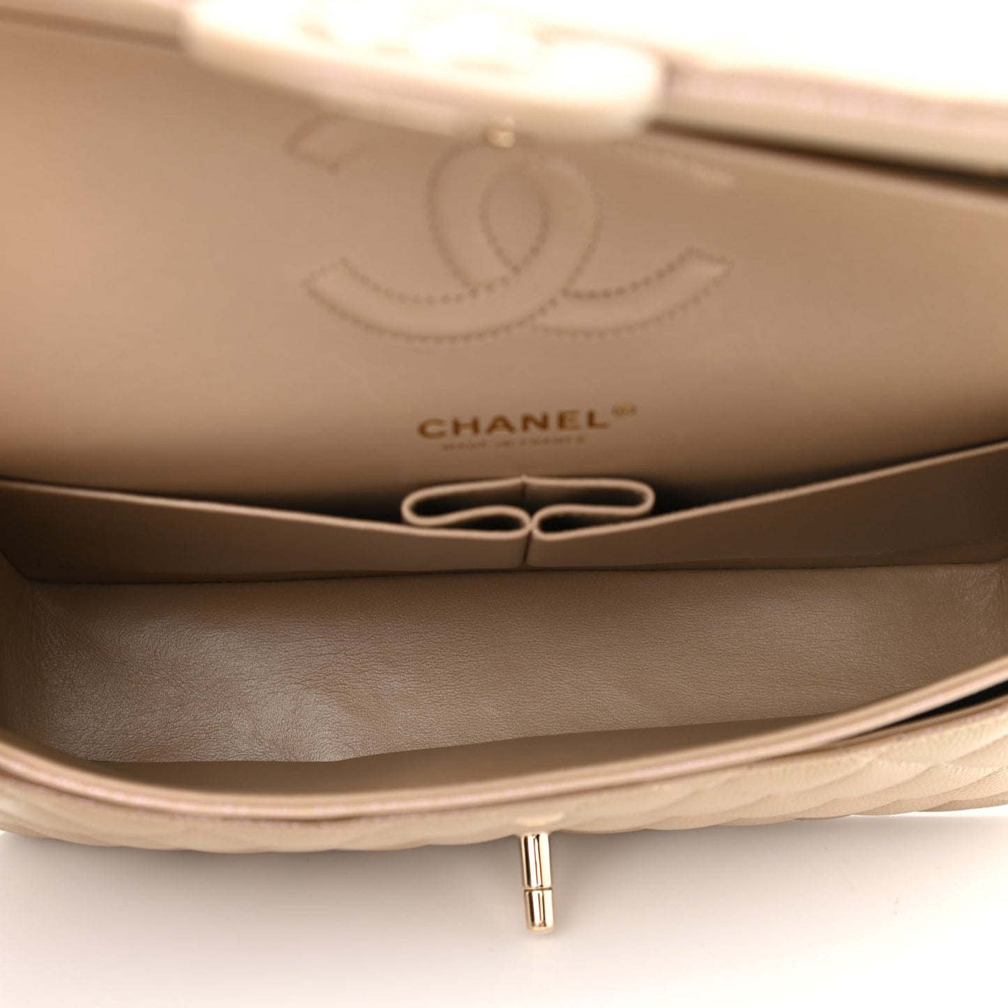 Iridescent Caviar Quilted Medium Double Flap Dark Beige