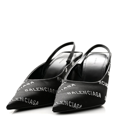 Balenciaga Satin Strass Allover Logo Square Knife 110mm Slingback Pumps 38 Black 4 of 11