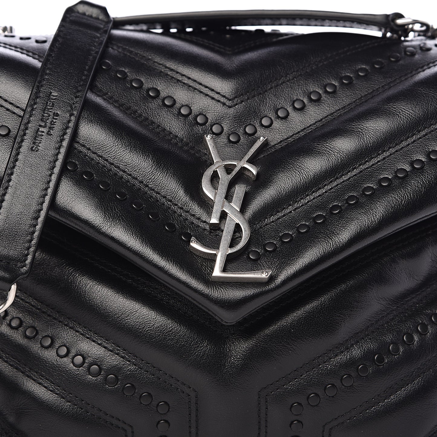 Calfskin Y Quilted Studded Monogram Small Loulou Chain Satchel Black