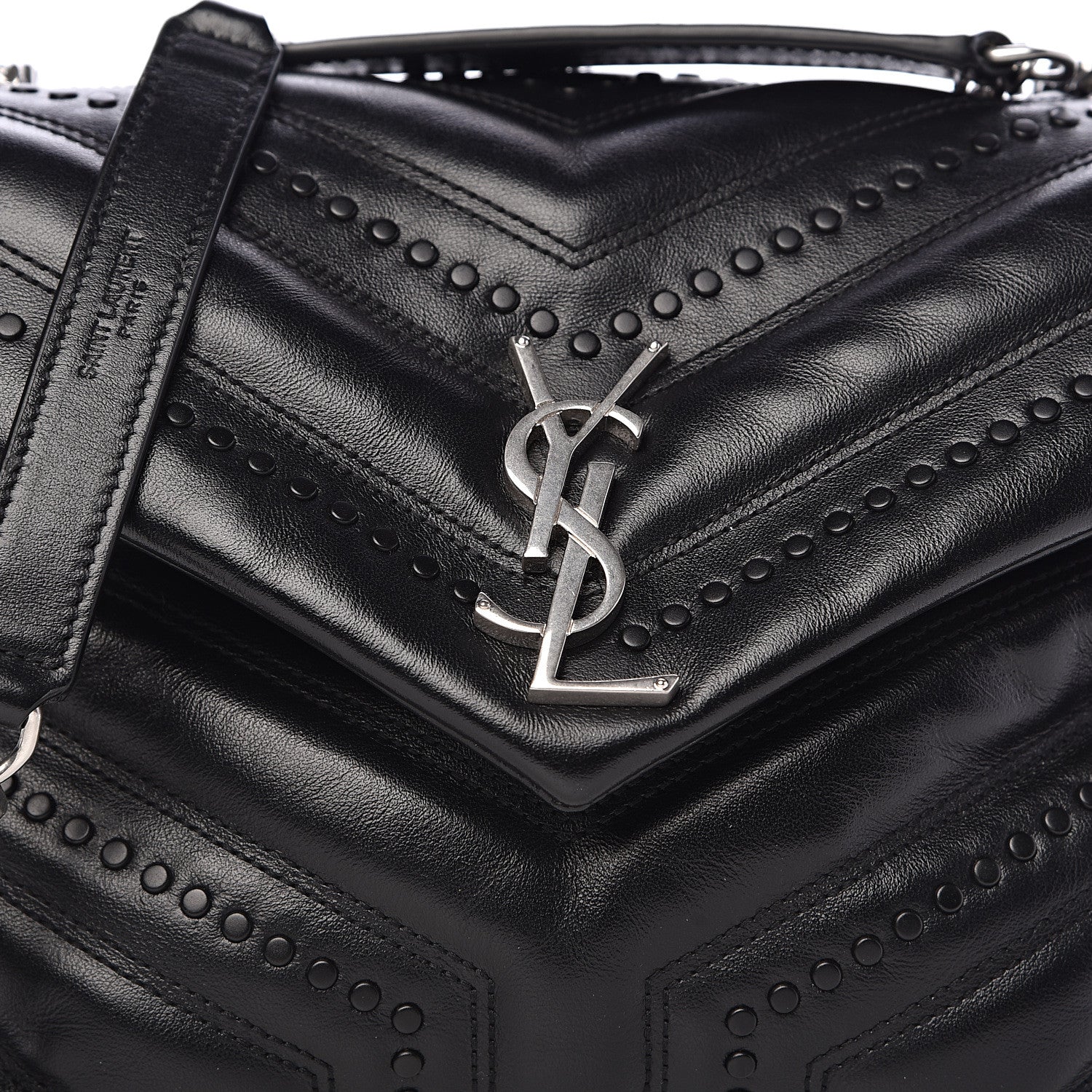 Saint Laurent Calfskin Y Quilted Studded Monogram Small Loulou Chain Satchel Black 8 of 10