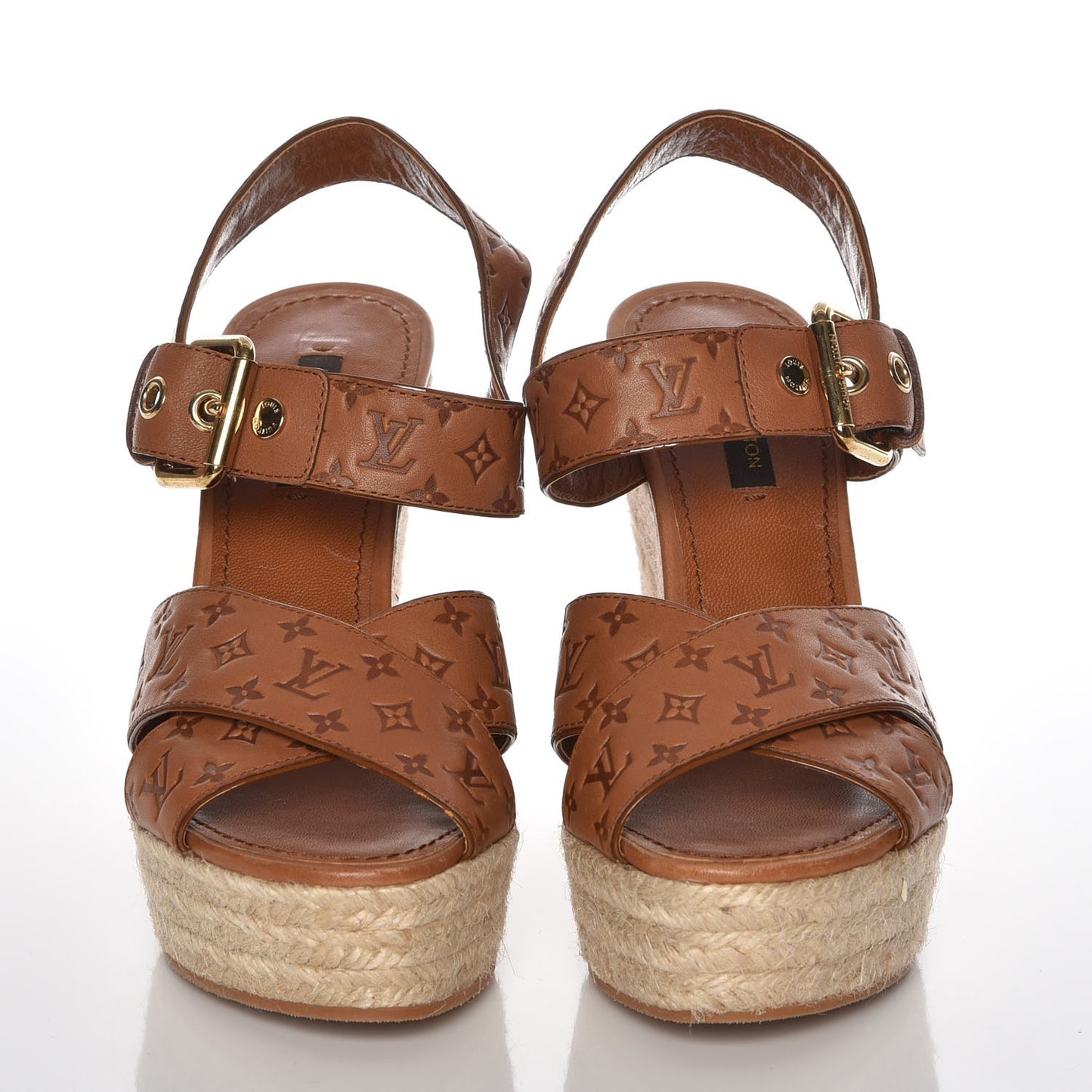 LOUIS VUITTONCalfskin Monogram Espadrille Wedge Sandals 36 Cognac