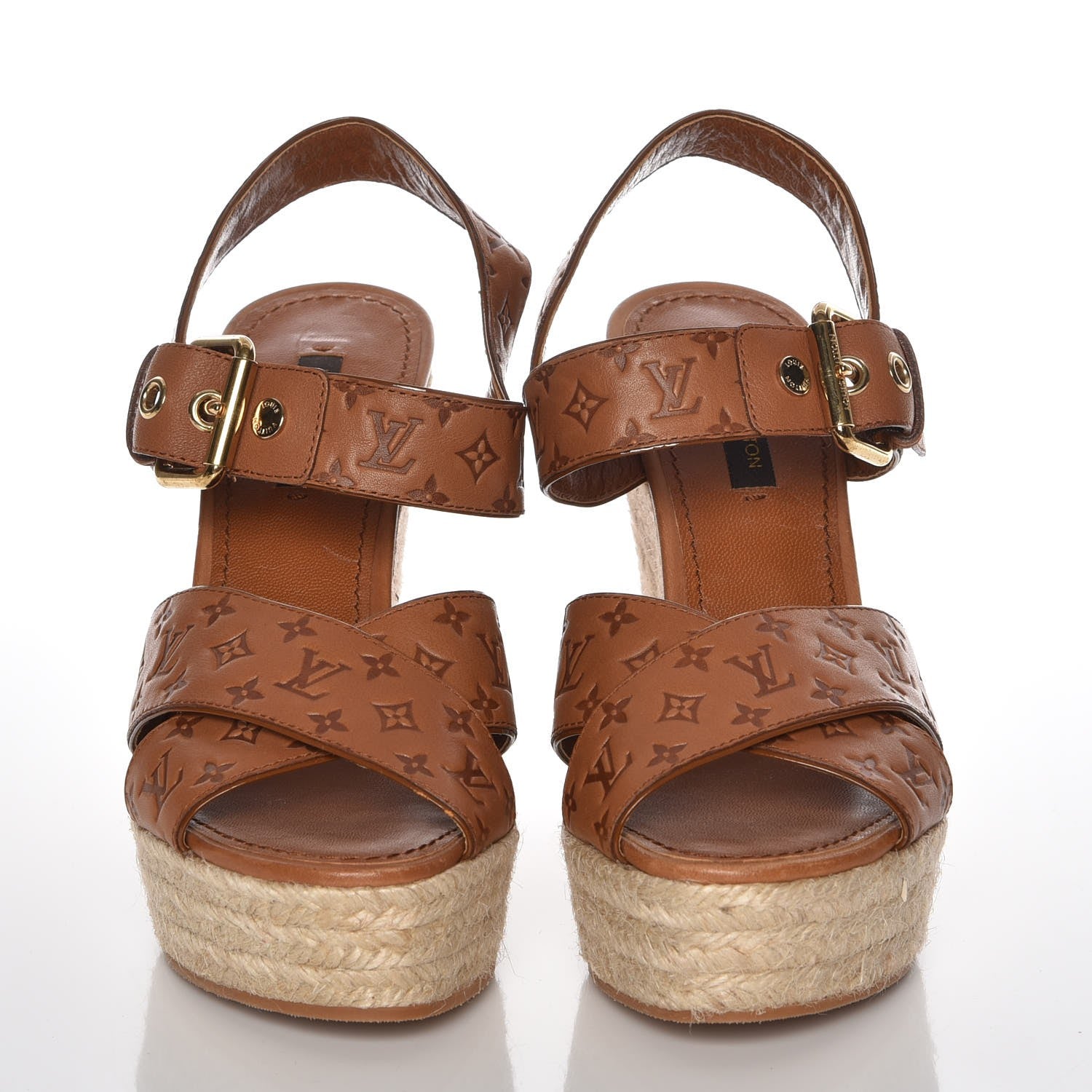 Louis Vuitton LOUIS VUITTONCalfskin Monogram Espadrille Wedge Sandals 36 Cognac 2 of 9