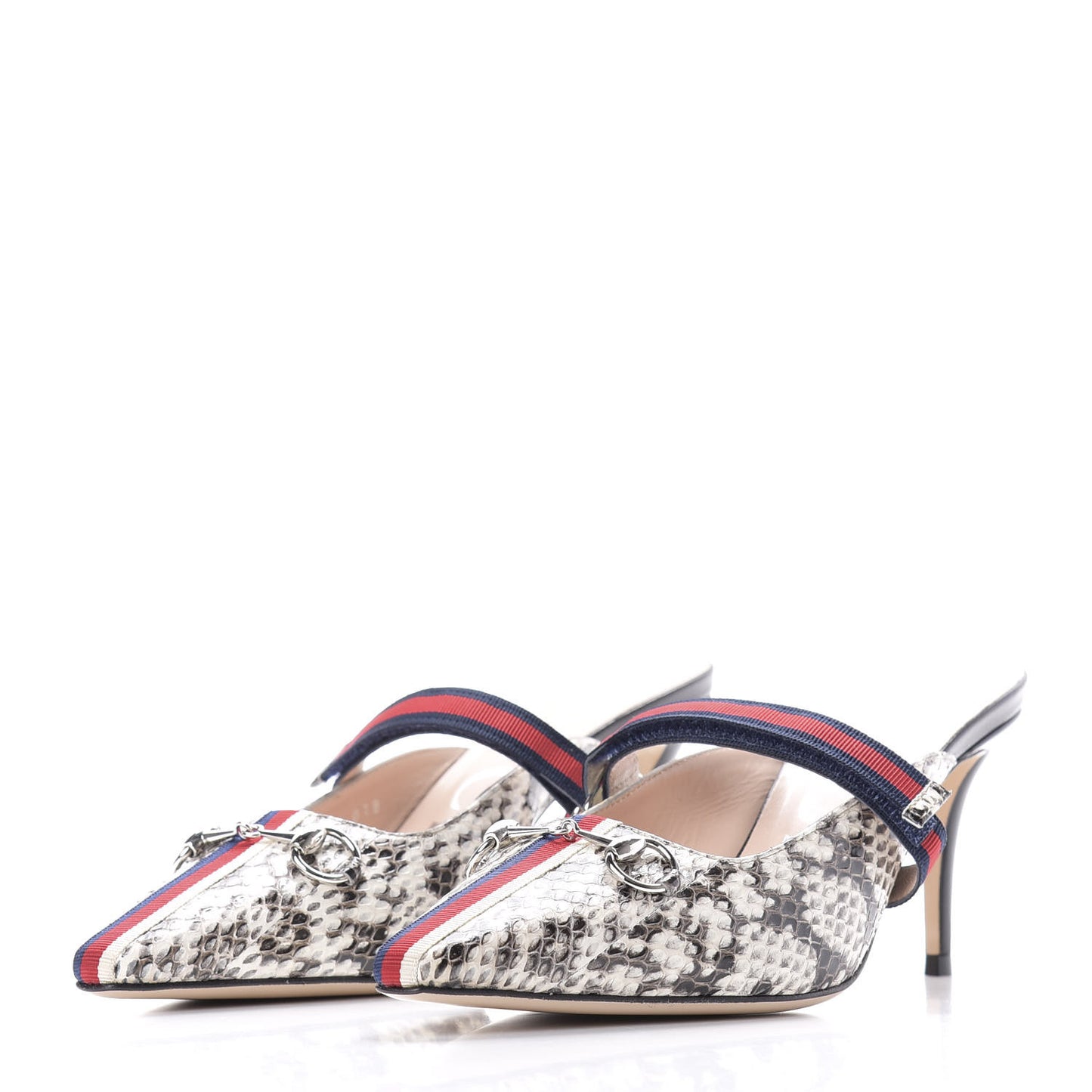 Elaphe Snakeskin Sylvie Web Cross Strap Mid-Heel Slides 38.5 New Roccia