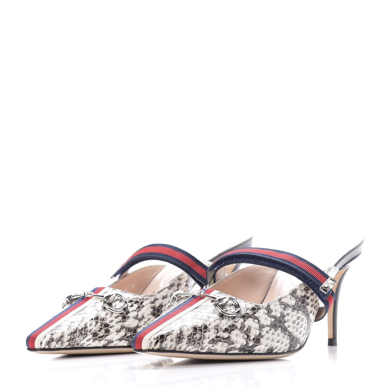 Gucci Elaphe Snakeskin Sylvie Web Cross Strap Mid-Heel Slides 38.5 New Roccia 2 of 10