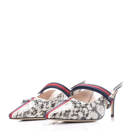 Gucci Elaphe Snakeskin Sylvie Web Cross Strap Mid-Heel Slides 38.5 New Roccia 2 of 10