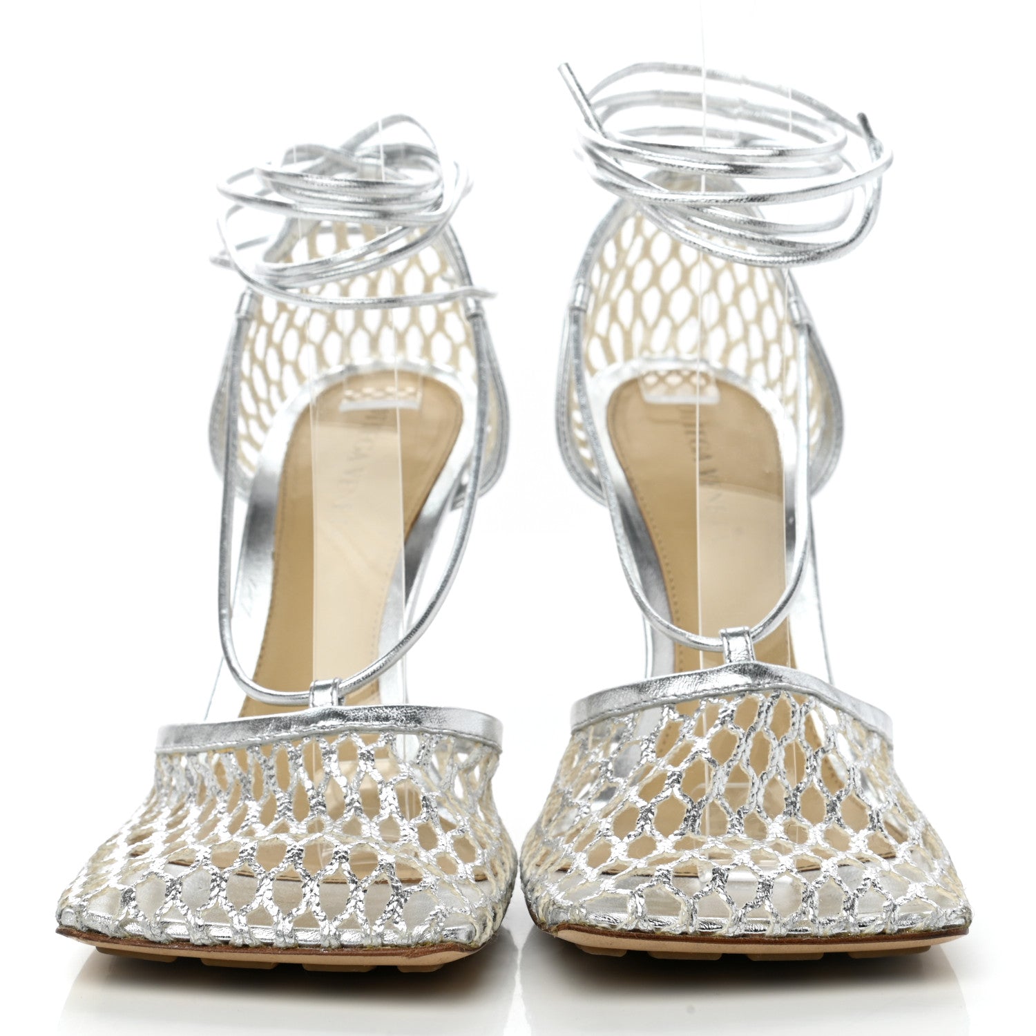 Bottega Veneta Mesh Metallic Nappa Stretch Ankle Tie Sandals 37 Silver 2 of 7