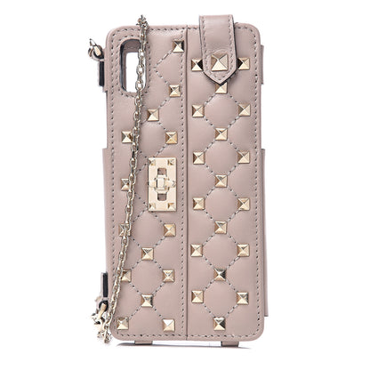 Valentino Garavani Calfskin Rockstud Spike iPhone X Phone Case With Chain Poudre 1 of 4