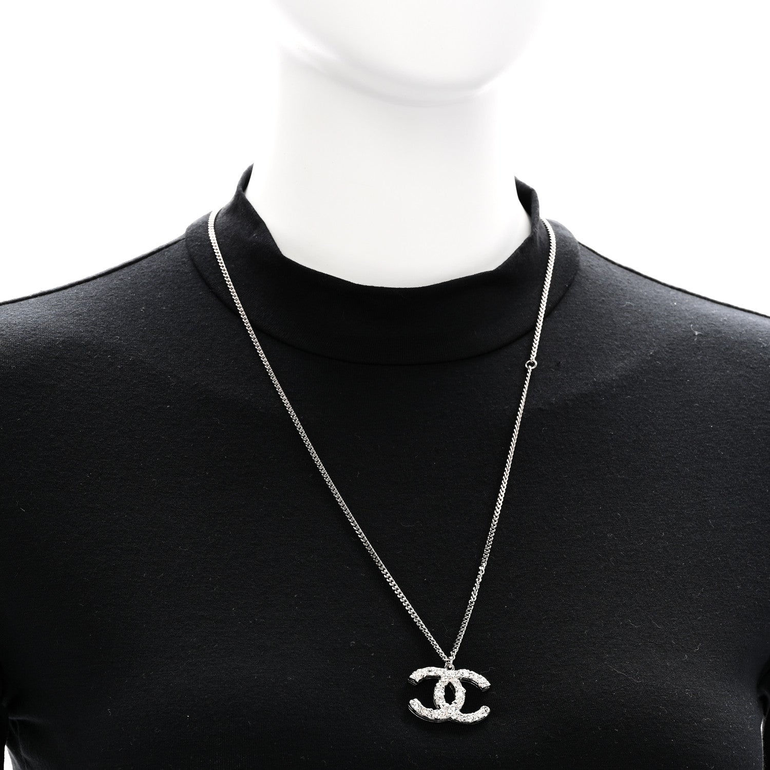 Chanel Crystal CC Pendant Necklace Silver 2 of 5
