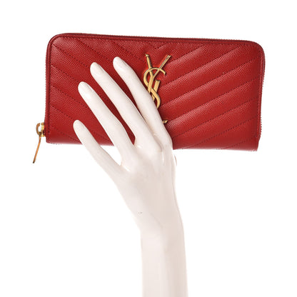 Saint Laurent Grain De Poudre Matelasse Chevron Monogram Zip Around Wallet Red 2 of 7