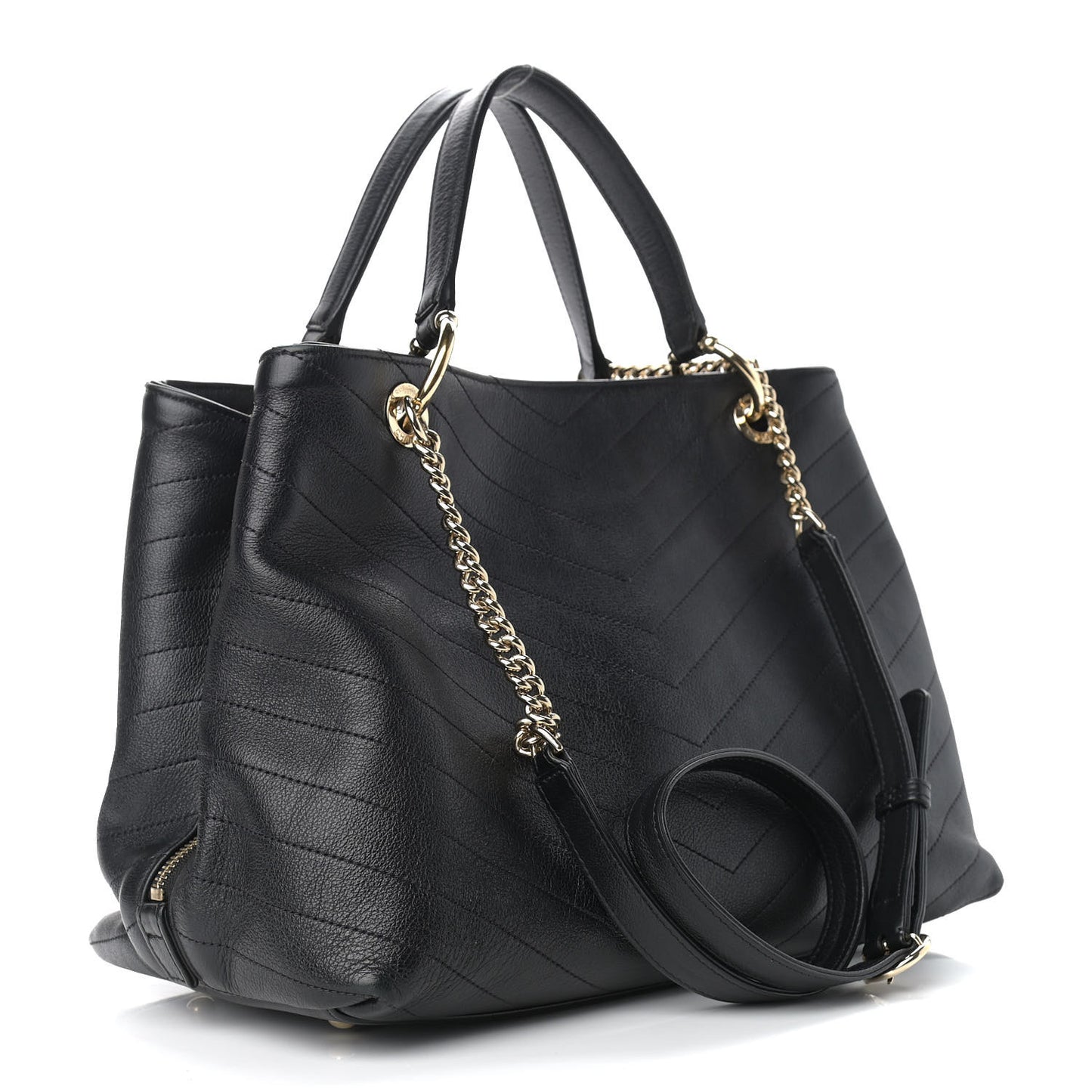 Calfskin Stitched Large Chevron Chic Shopping Bag Black