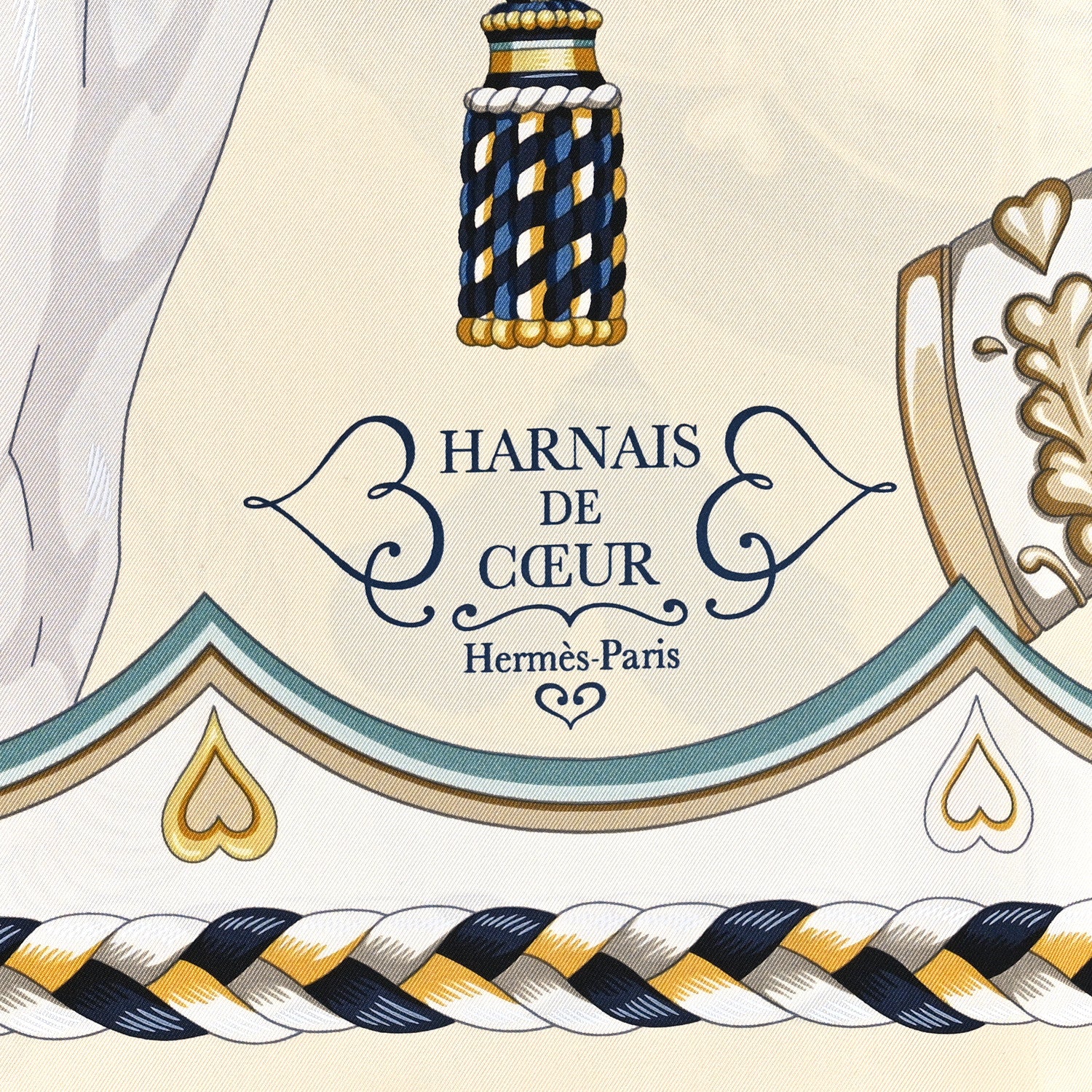 Hermes Silk Harnais De Cour Scarf 90 Creme Marine Gold 2 of 3