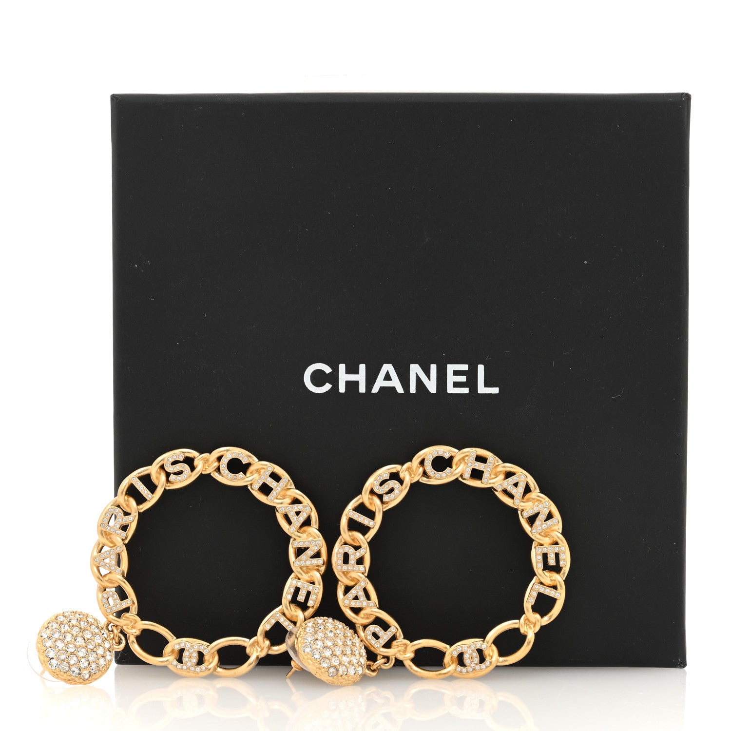 Chanel Metal Crystal CC Paris Chain Link Hoop Earrings Gold 5 of 5