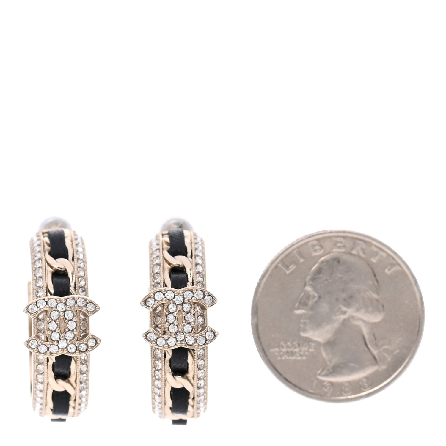 Chanel Crystal Lambskin CC Chain Hoop Earrings Gold Black 2 of 5