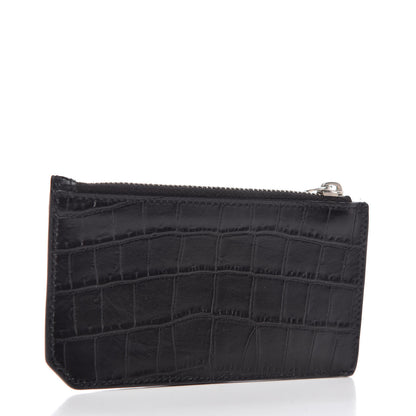 Saint Laurent Calfskin Crocodile Embossed 5 Fragments Zip Pouch Card Holder Black 3 of 10