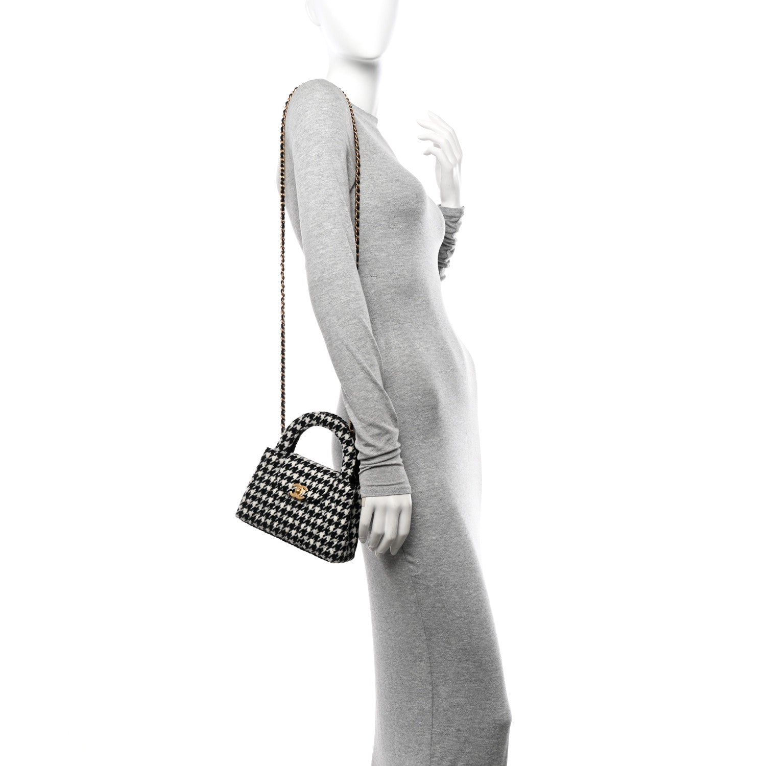 Chanel Tweed Houndstooth Quilted Nano Kelly Shopper Black White 2 of 11