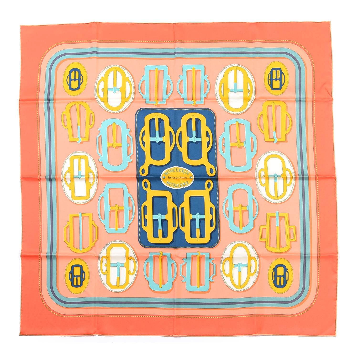 Hermes Silk Bouclerie Moderne Scarf 90 Orange Saumon Vert 1 of 4