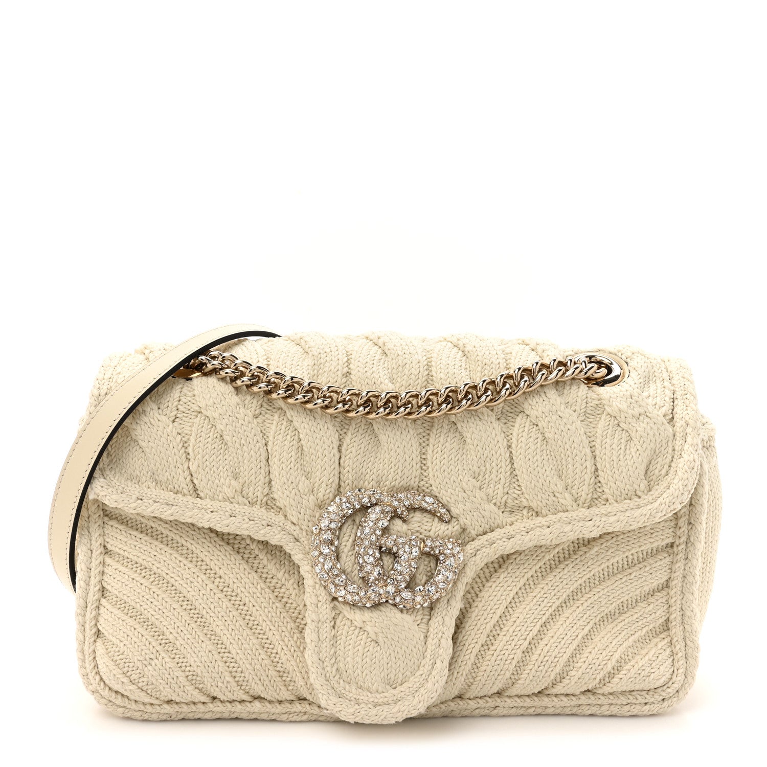 Gucci Knitted Wool Crystal Small GG Marmont Shoulder Bag Ivory 1 of 9