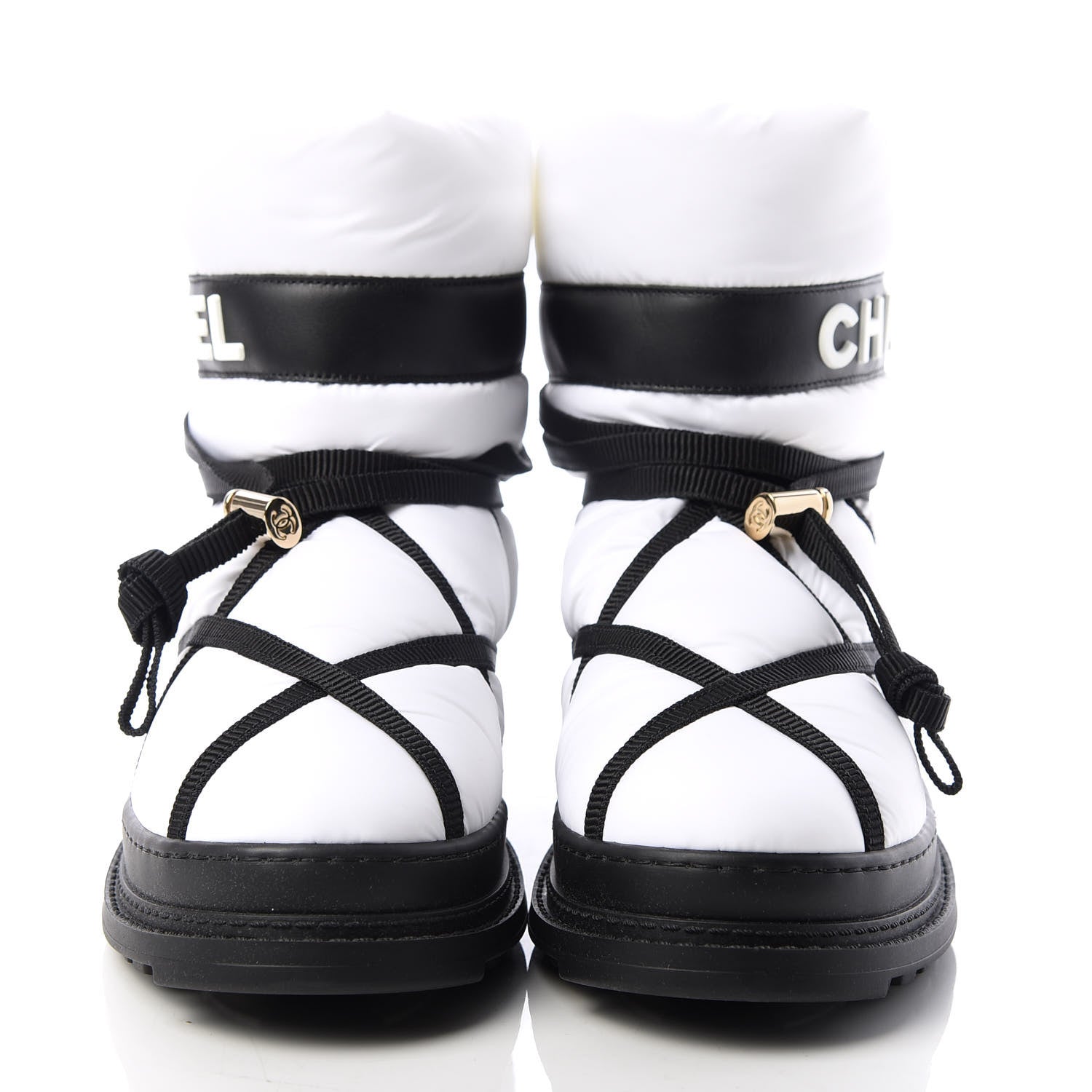 Chanel Calfskin Nylon Grosgrain CC Ankle Snow Boots 37.5 White Black 2 of 11