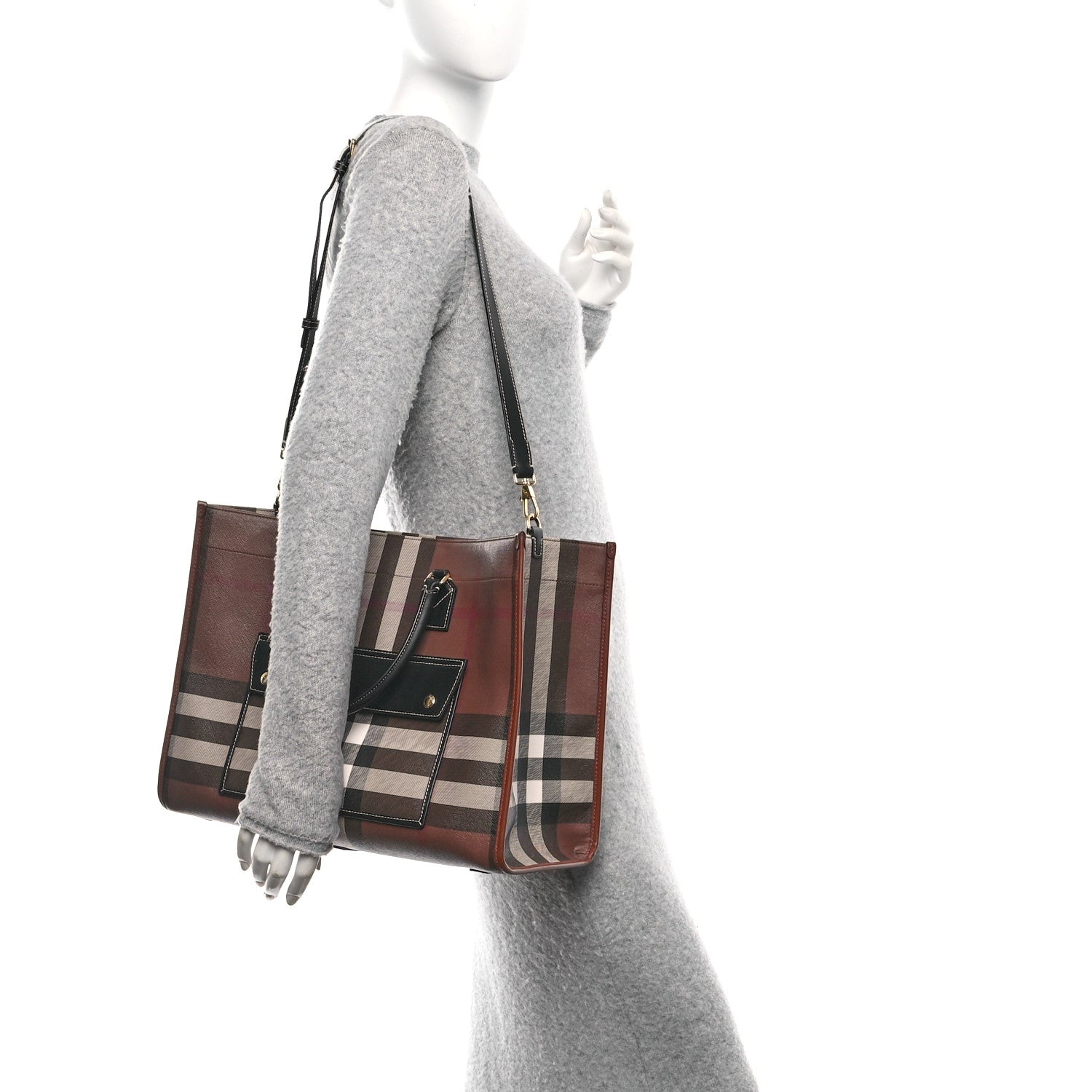 Burberry E-Canvas Check Calfskin Medium Freya Tote Dark Birch Brown 3 of 11
