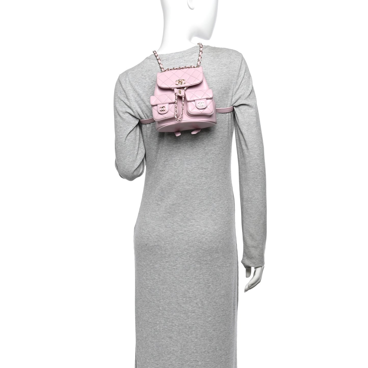 Shiny Caviar Quilted Small Duma Pockets Drawstring Backpack Pink
