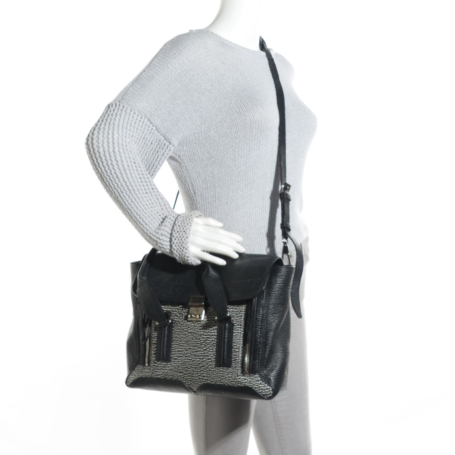 3.1 Phillip Lim 3.1 Calfskin Embossed Medium Pashli Satchel Black White 2 of 7