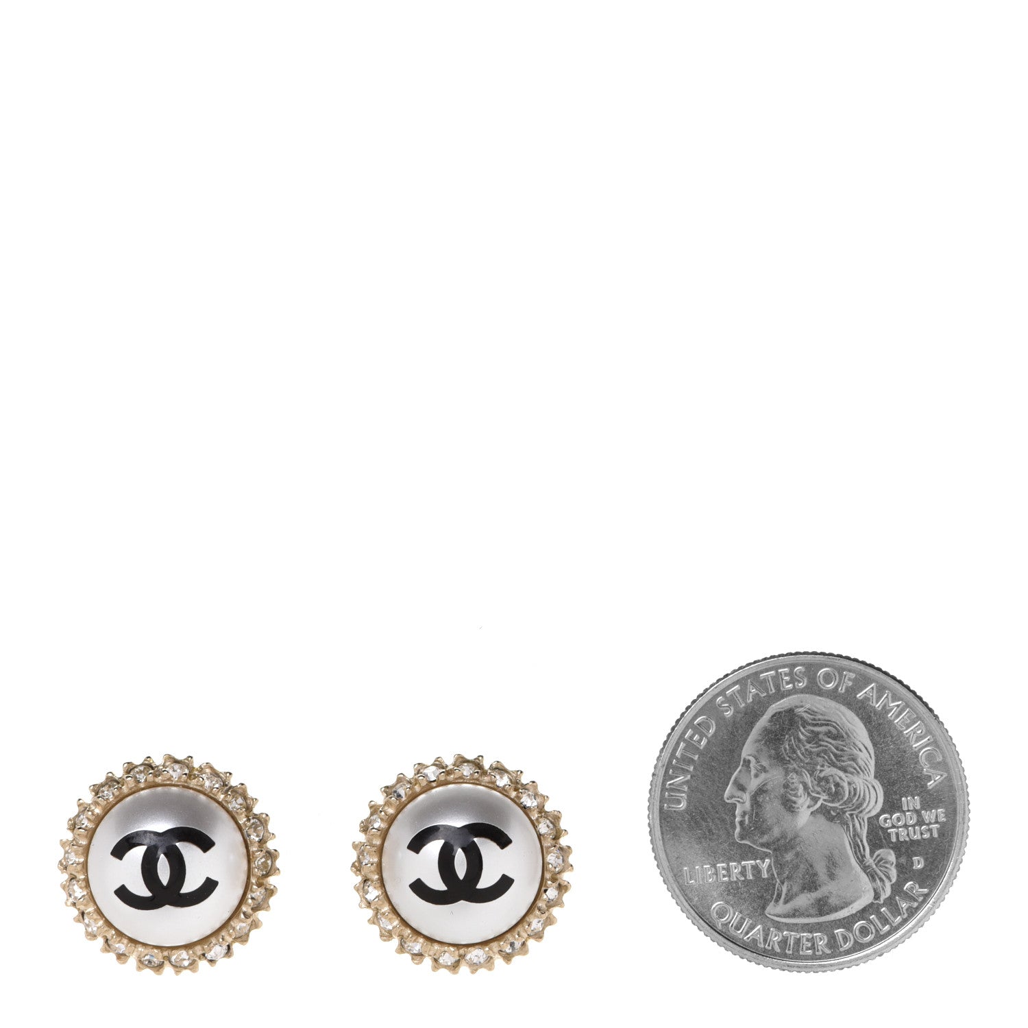 Chanel Crystal Pearl CC Round Earrings Gold Pearly White Black 2 of 5