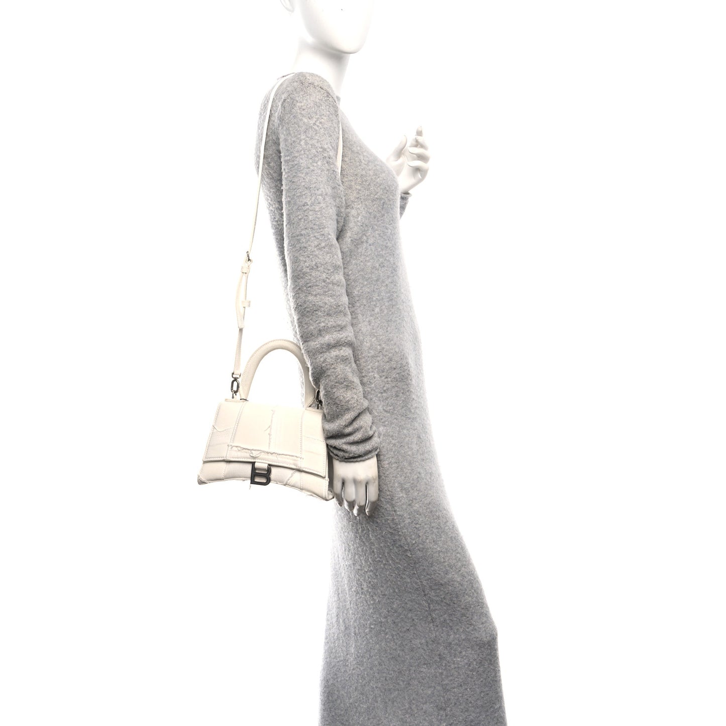 Denim Patchwork Small Hourglass Top Handle Bag Optic White