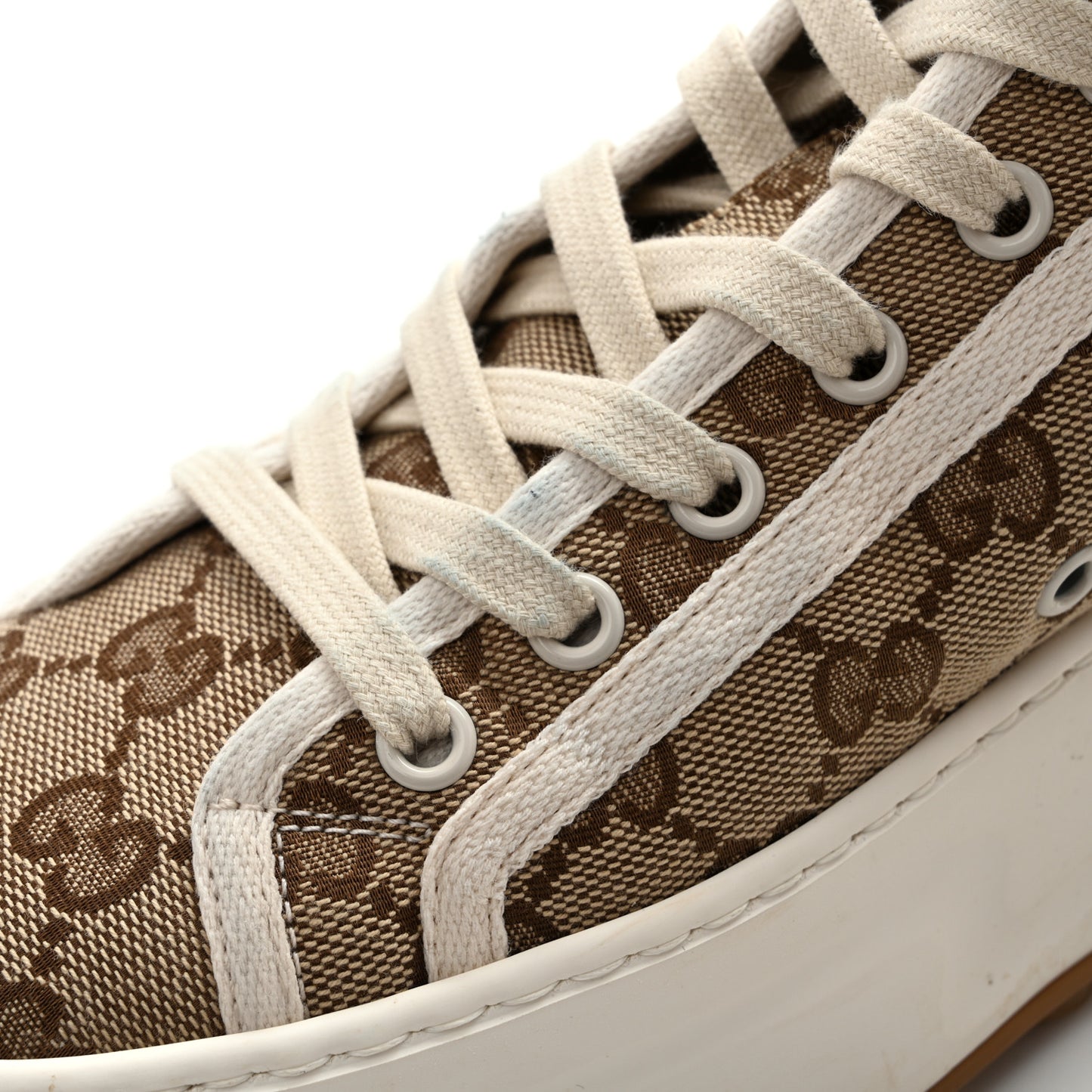 New Canvas GG Monogram Womens Tennis 1977 High Top 55mm Platform Sneakers 38.5 Beige Ebony Mystic White