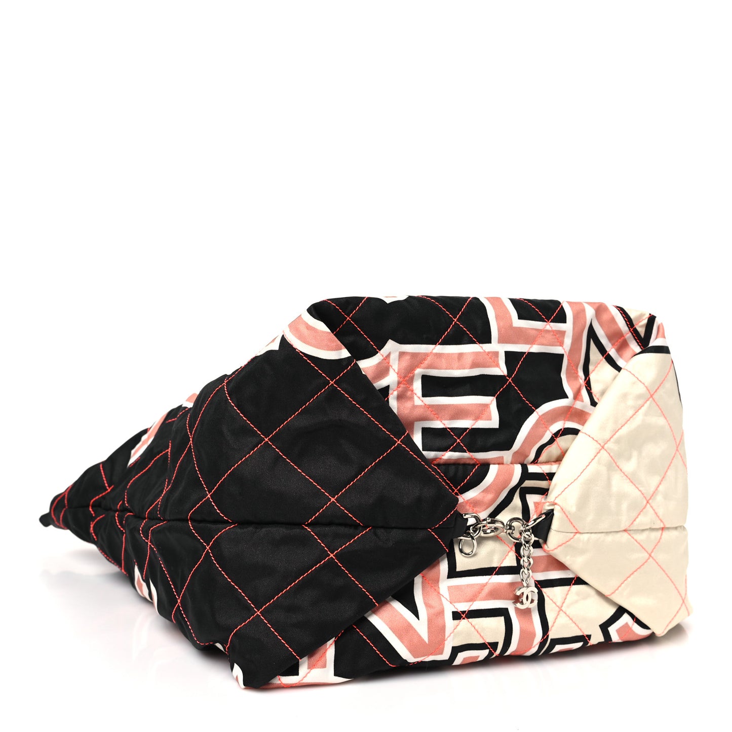 Nylon Stitched Printed Logo Shopping Bag Black White