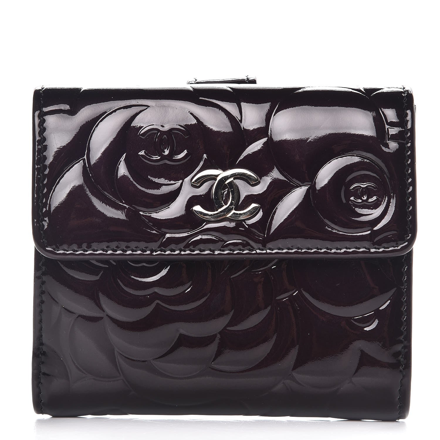 Chanel Patent Embossed Camellia French Wallet Burgundy 1 of 9