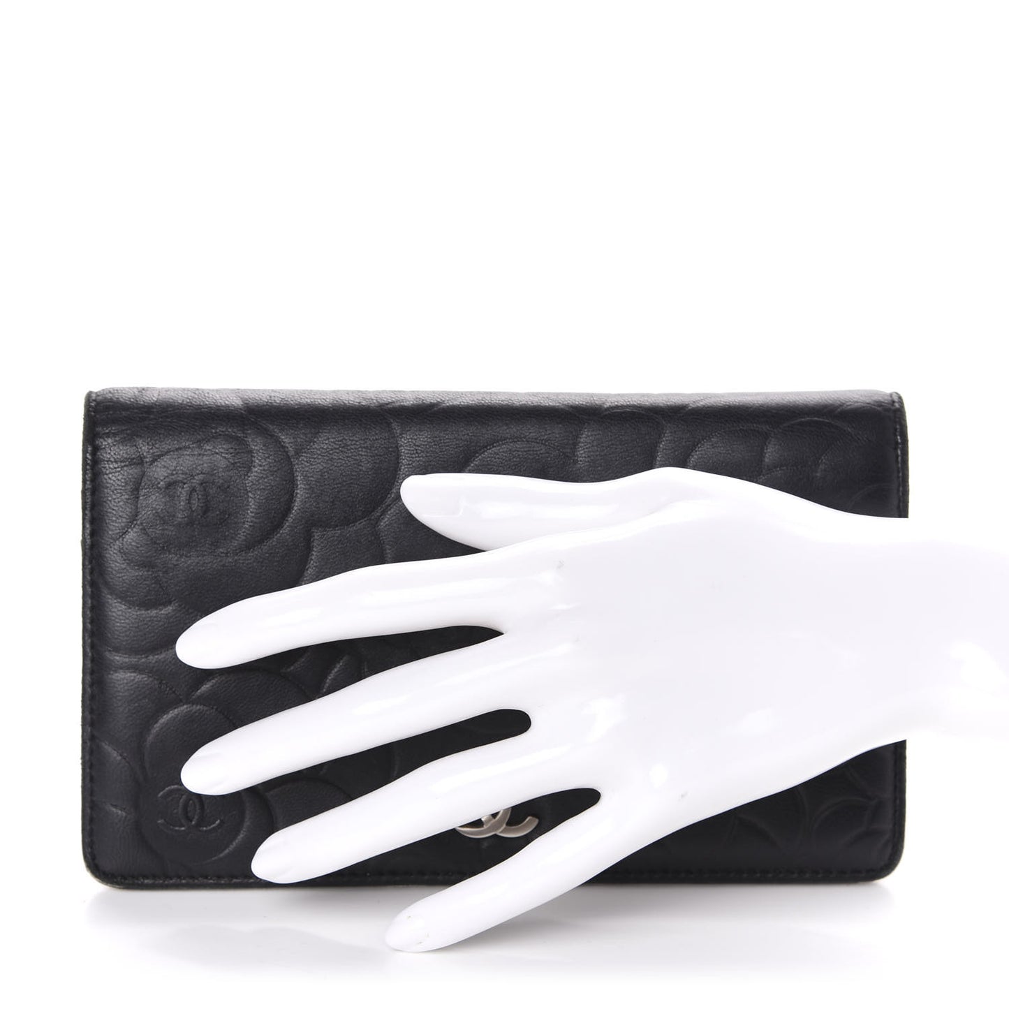 Lambskin Camellia Embossed Yen Wallet Black