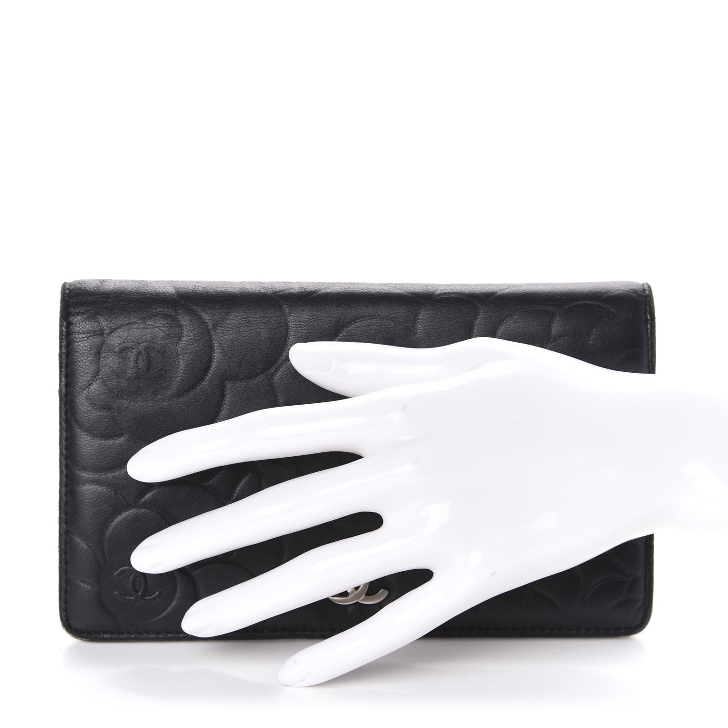 Chanel Lambskin Camellia Embossed Yen Wallet Black 2 of 11