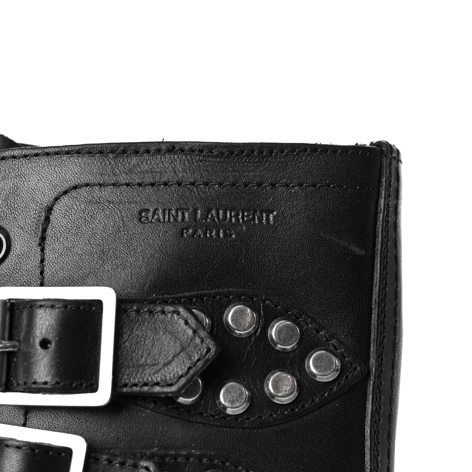 Saint Laurent Smooth Calfskin Studded Strap Rangers Boots 36 Black 10 of 20