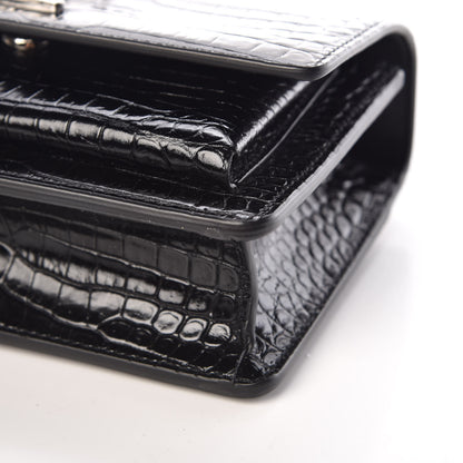 Saint Laurent Calfskin Crocodile Embossed Monogram Sunset Chain Wallet Black 11 of 11