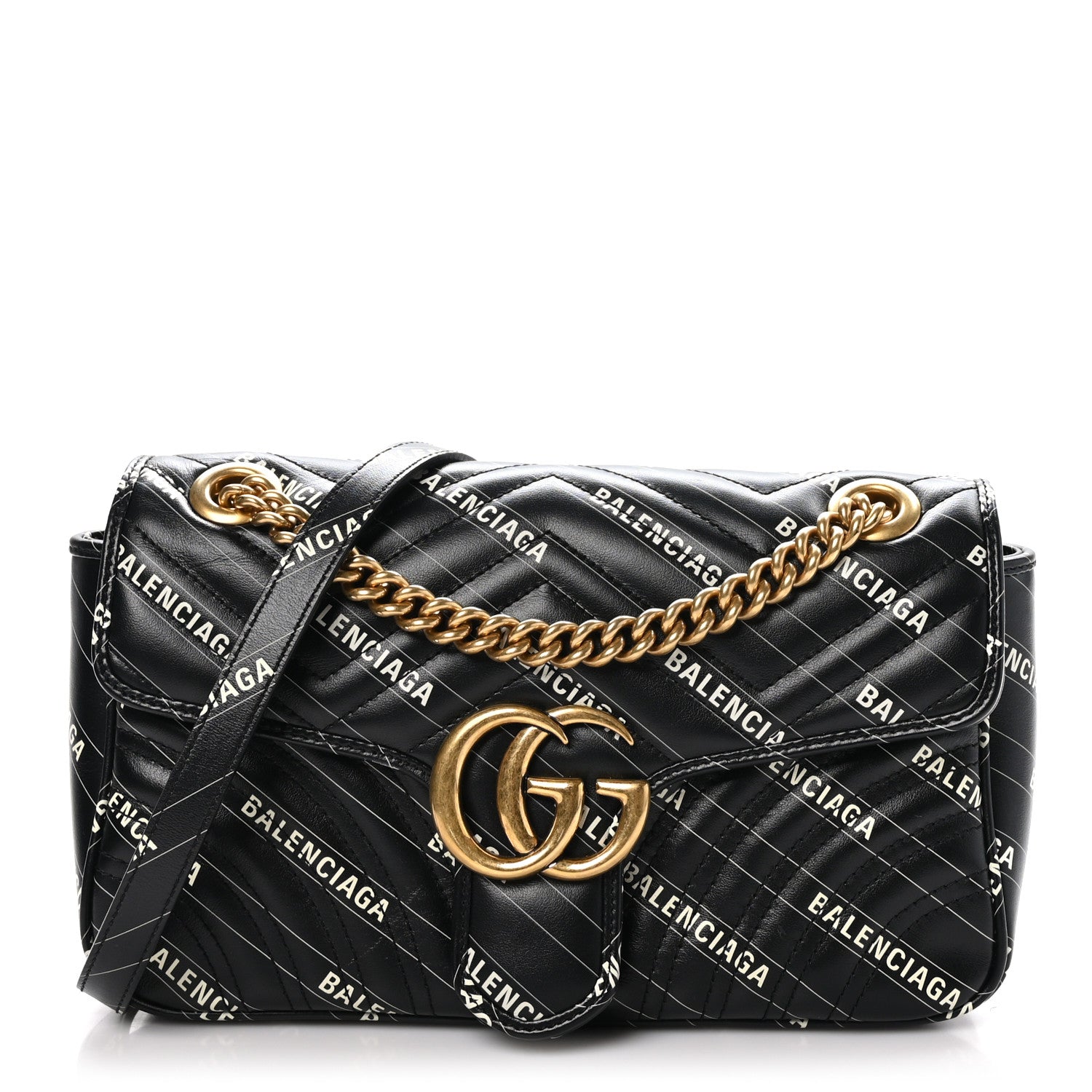 Gucci X BALENCIAGA Calfskin Matelasse Logo Print Small GG Marmont Shoulder Bag Black 1 of 11