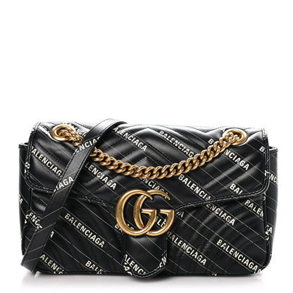 Gucci X BALENCIAGA Calfskin Matelasse Logo Print Small GG Marmont Shoulder Bag Black 1 of 11