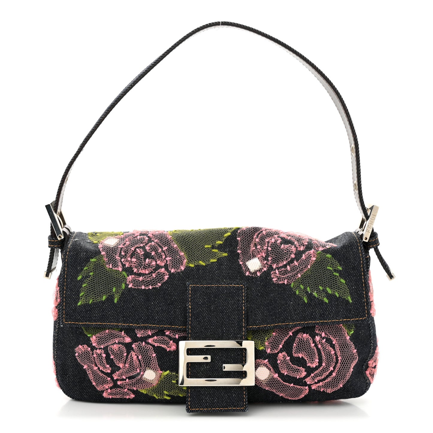 Denim Lace Embroidered Floral Baguette Blue Multicolor