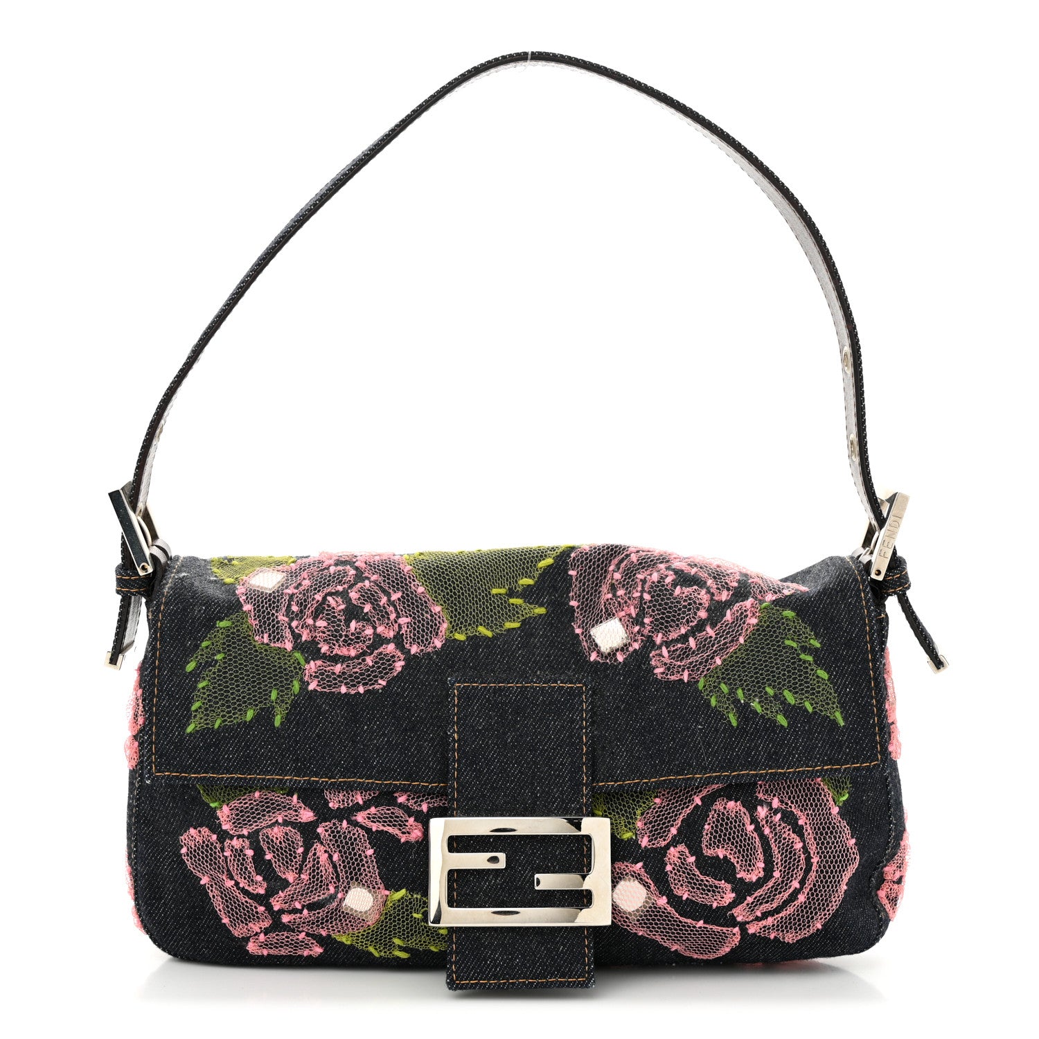 Fendi Denim Lace Embroidered Floral Baguette Blue Multicolor 1 of 9
