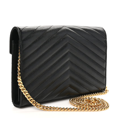 Saint Laurent Grain De Poudre Matelasse Chevron Monogram Chain Wallet Black 3 of 10
