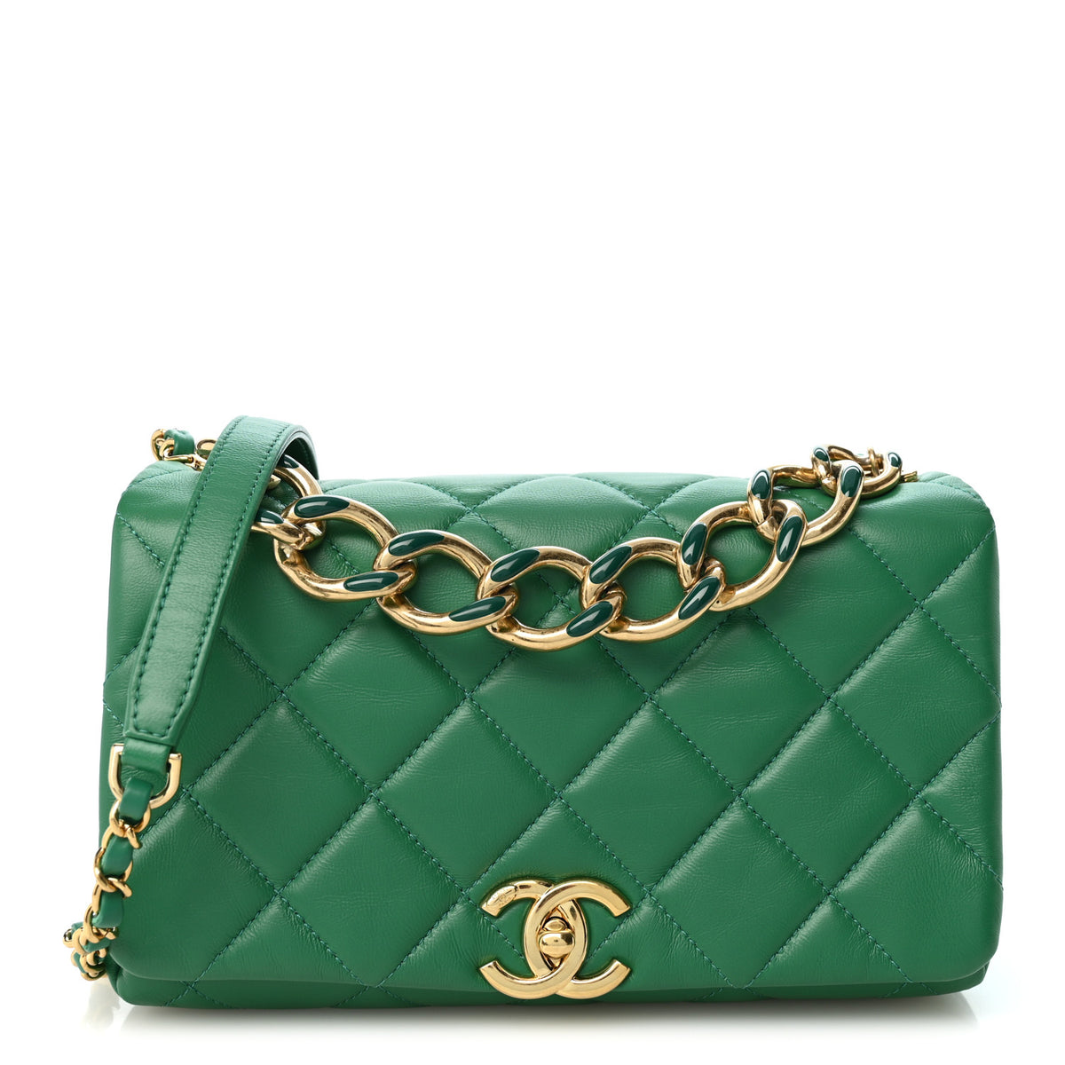 Lambskin Quilted Medium Color Match Flap Green