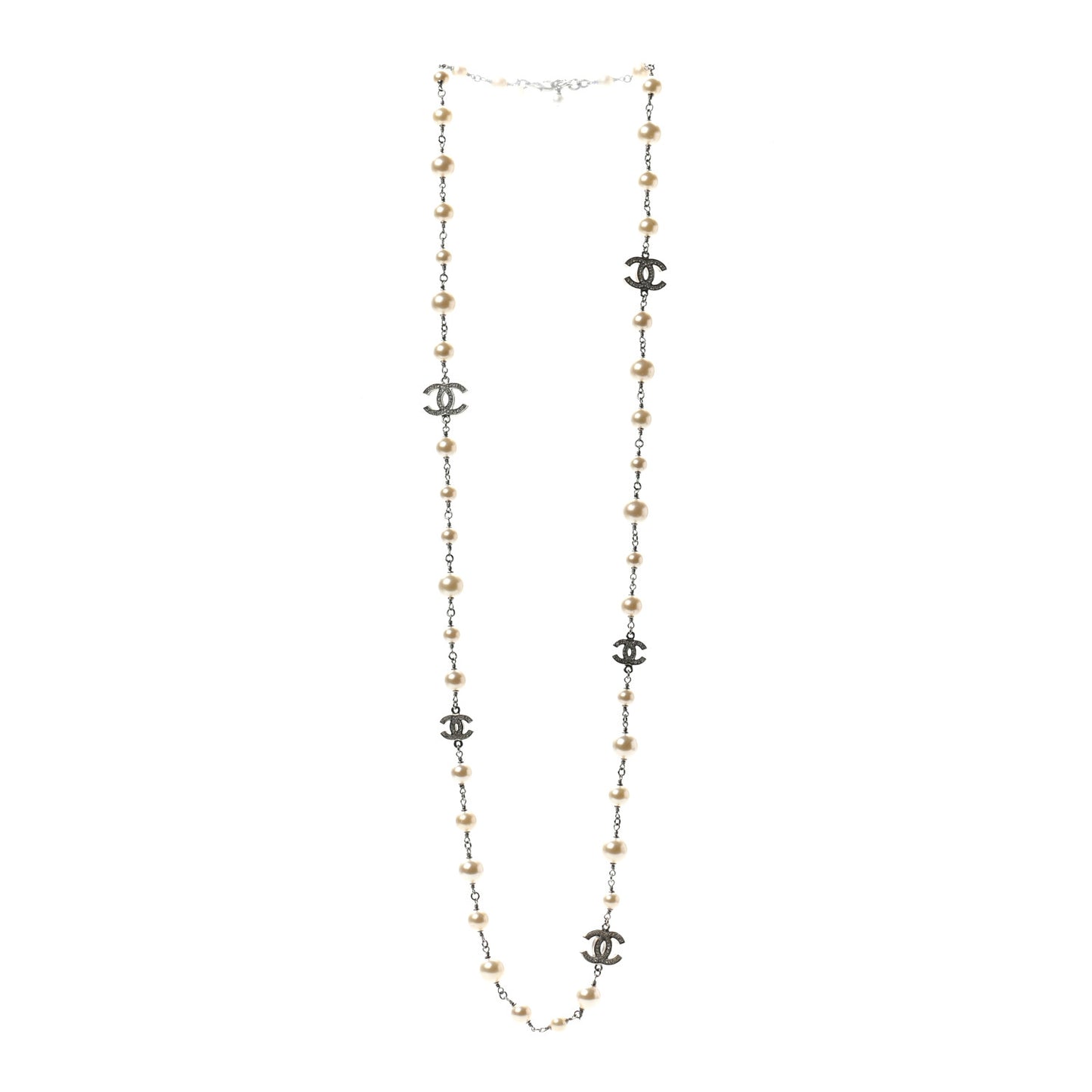 Crystal Pearl CC Long Necklace Silver