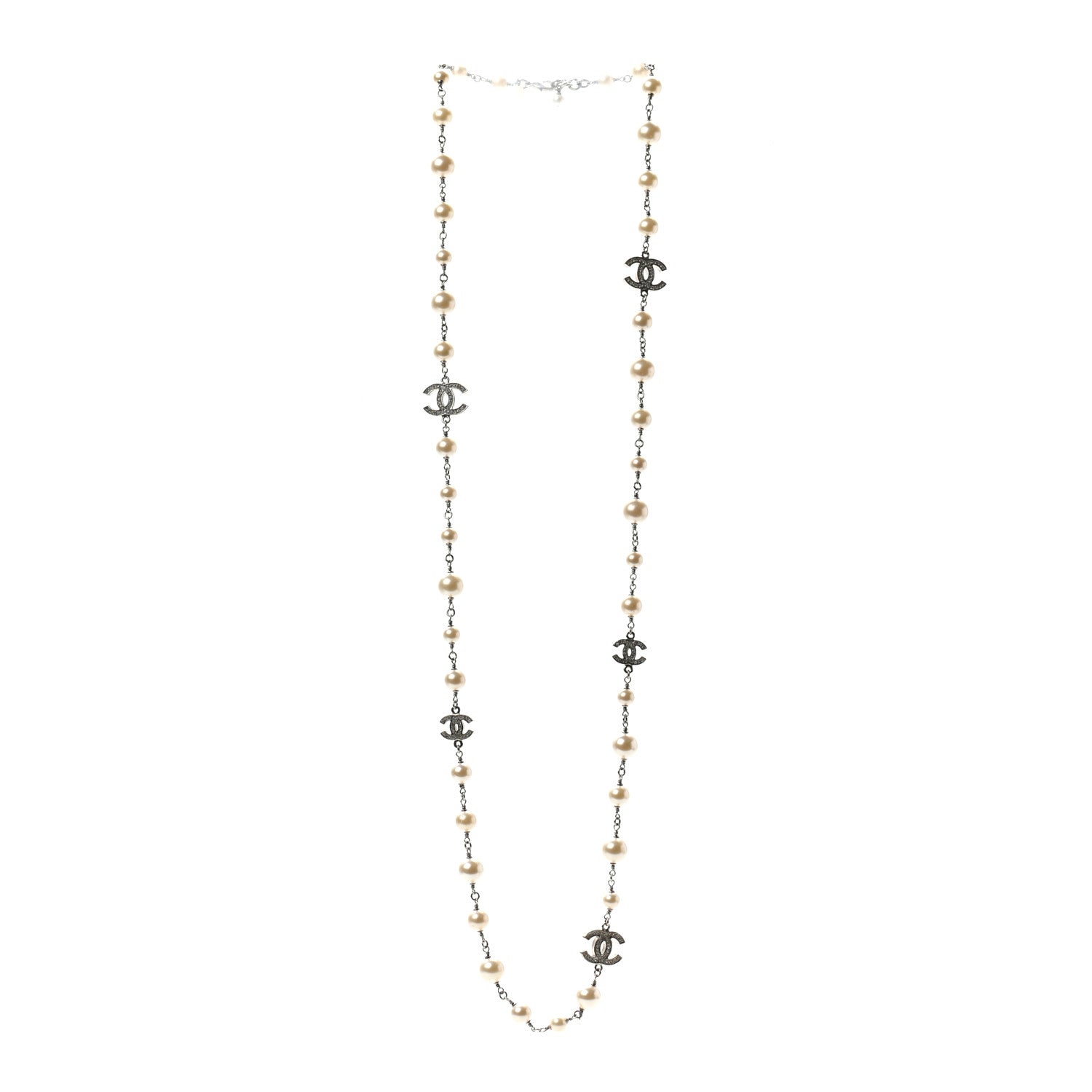 Chanel Crystal Pearl CC Long Necklace Silver 3 of 6